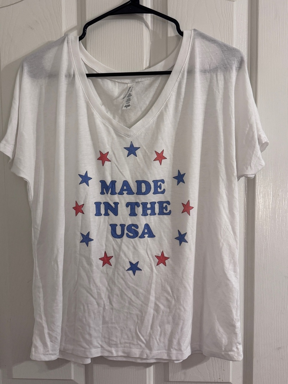 Bella Canvas White V-Neck Tee with Blue & Red Stars